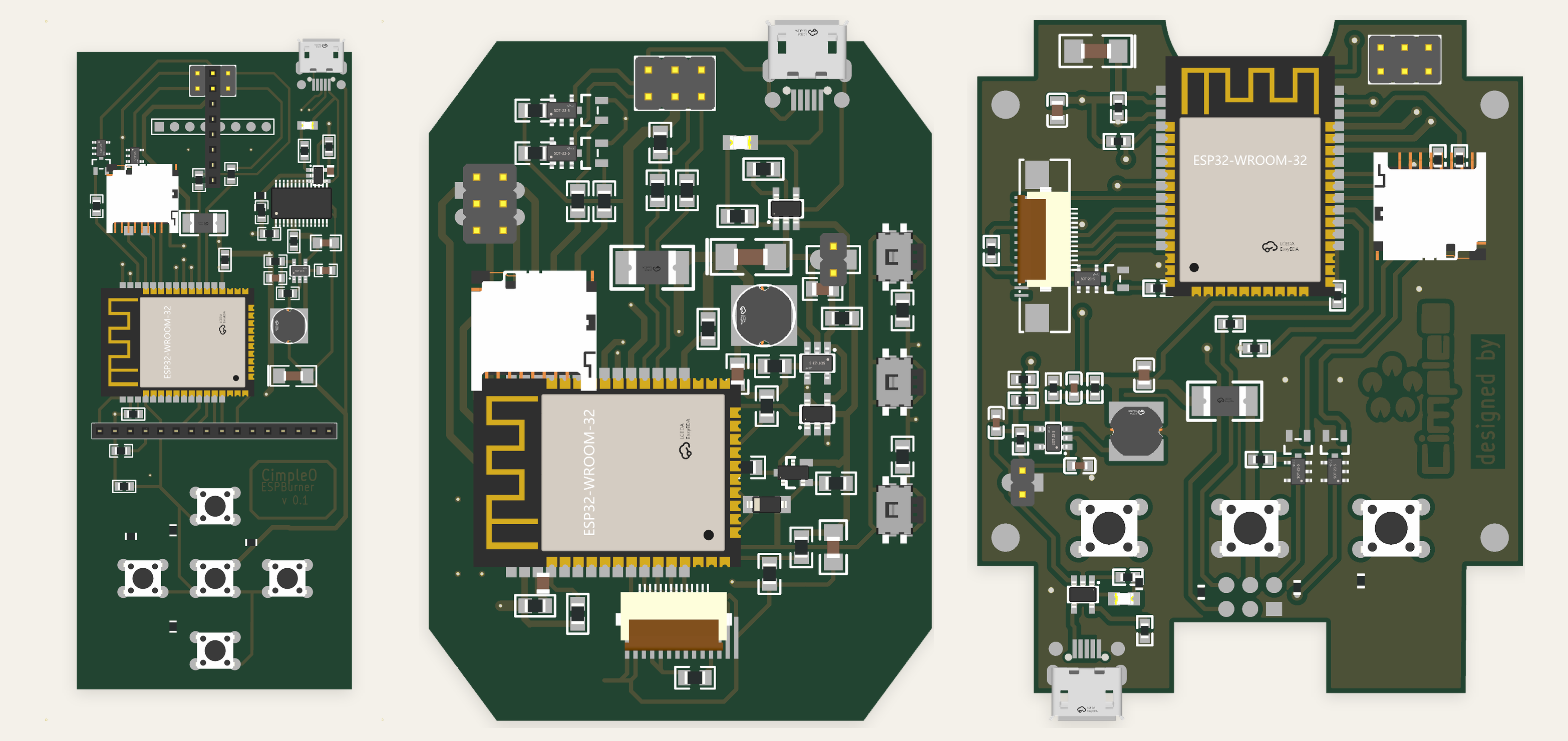 PortableISP PCB revisions, 3D-rendered from the EasyEDA source with real component models