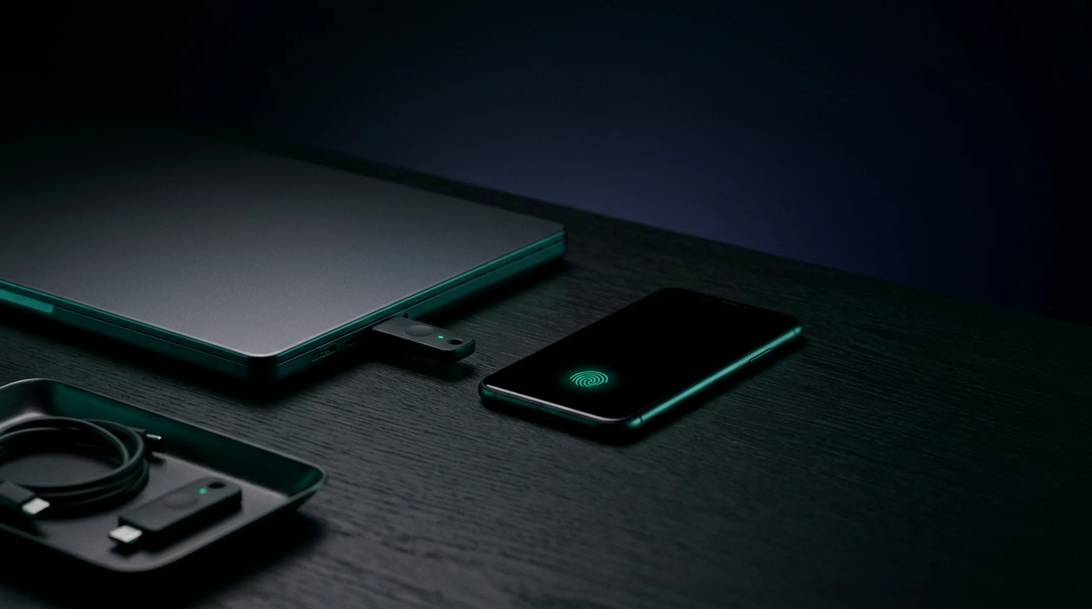 A hardware security key plugged into a laptop, a phone with a fingerprint prompt and a spare key on a tray