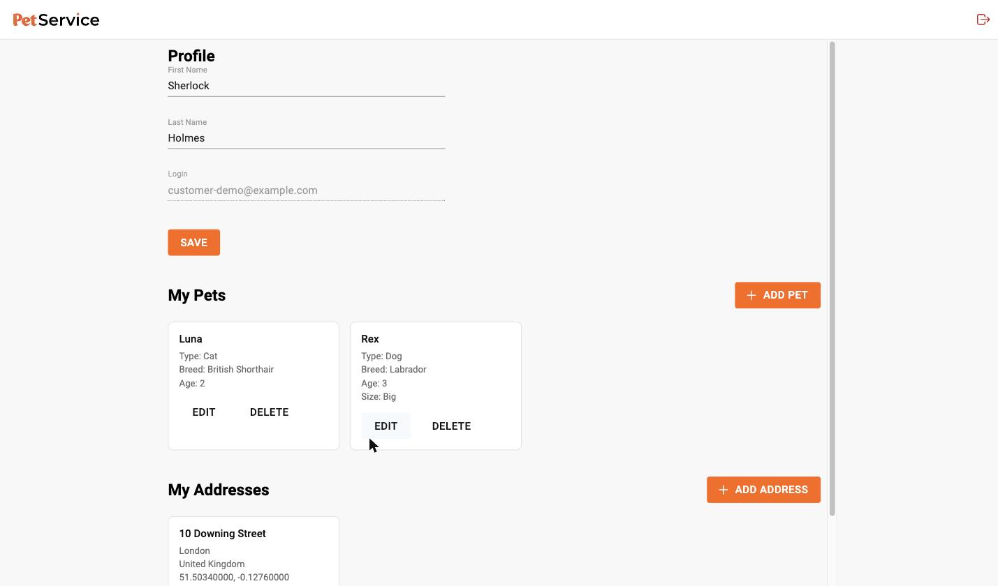 The customer profile page: pet cards and saved addresses, both editable inline